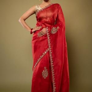 Burgundy Red Organza Saree with All-Over Antique Butta & Border Work | Pure Organza | Jaipurio Solid Saree